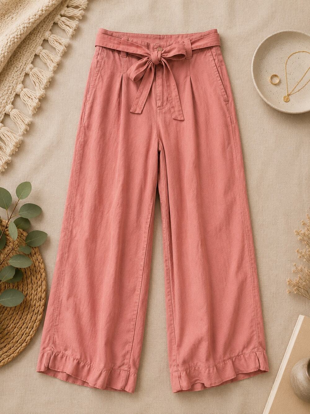 GAP High Rise Belted Wide Leg Linen Blend Pants Pink Quiet Luxury Coastal Size 6